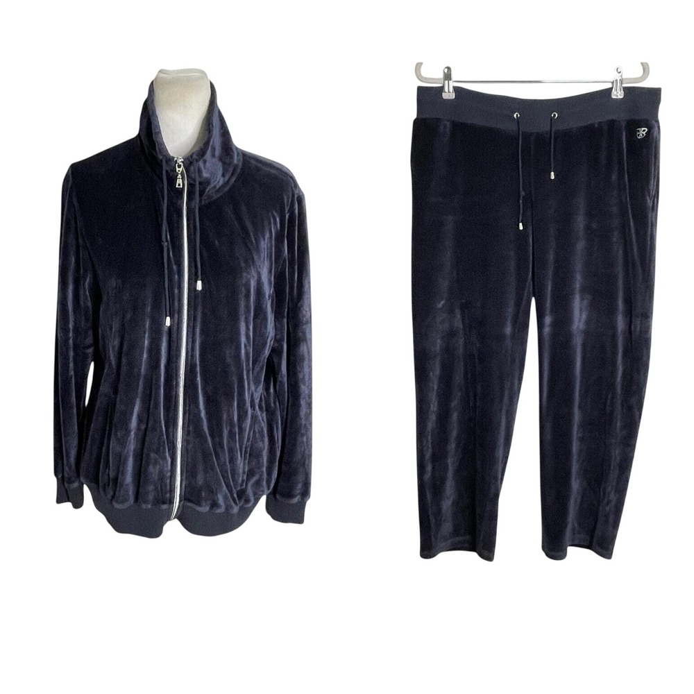 Vtg Y2K Basler  Navy Blue Velour Tracksuit Jacket Pants 2 Piece Set Size US 12